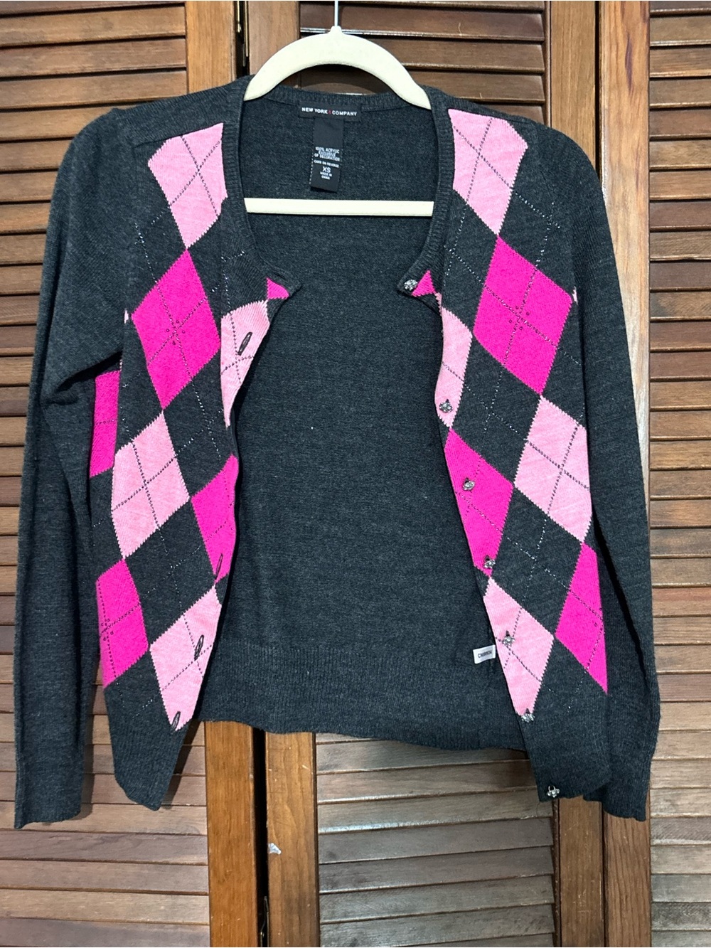 New York & Company Charcoal Cardigan Sweater with Pink Argyle
